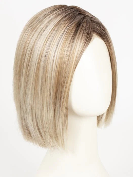 Mannequin wearing a straight short brown bob wig for women with side part and natural brown roots