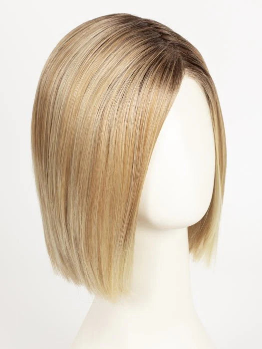 short brown bob wig for women on mannequin head with straight ombre strands and natural side part