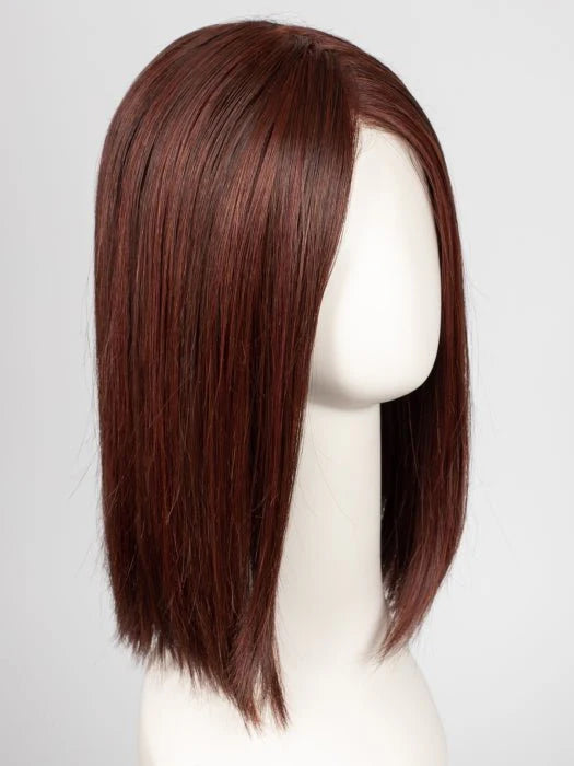 Ellen Wille Drive wig sleek straight shoulder length auburn bob on white mannequin with natural center part