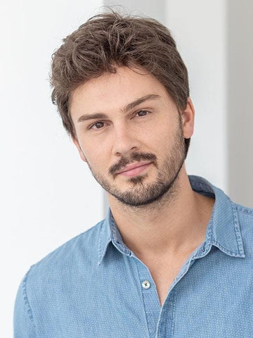Justin Ellen Wille men's wig short textured brown hair on male model wearing blue denim shirt by Ellen Wille