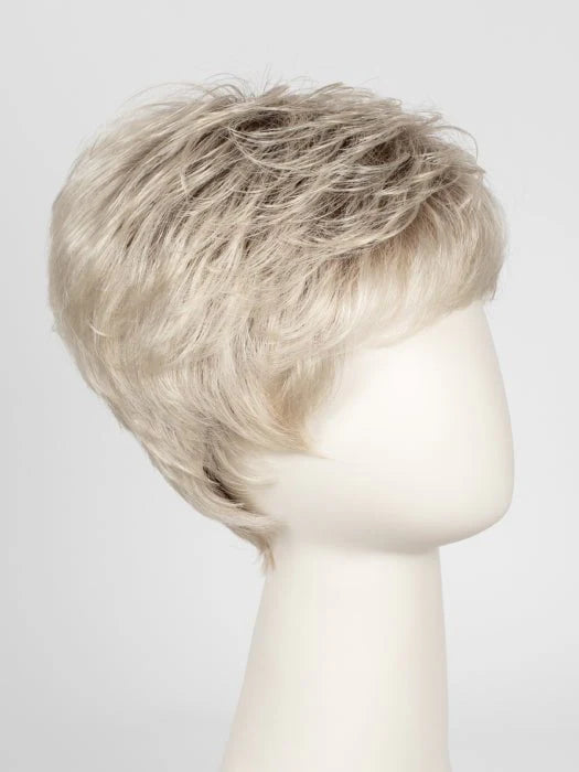 Ellen Wille Tab wig short layered silver blonde pixie on mannequin textured top side swept bangs for everyday wear