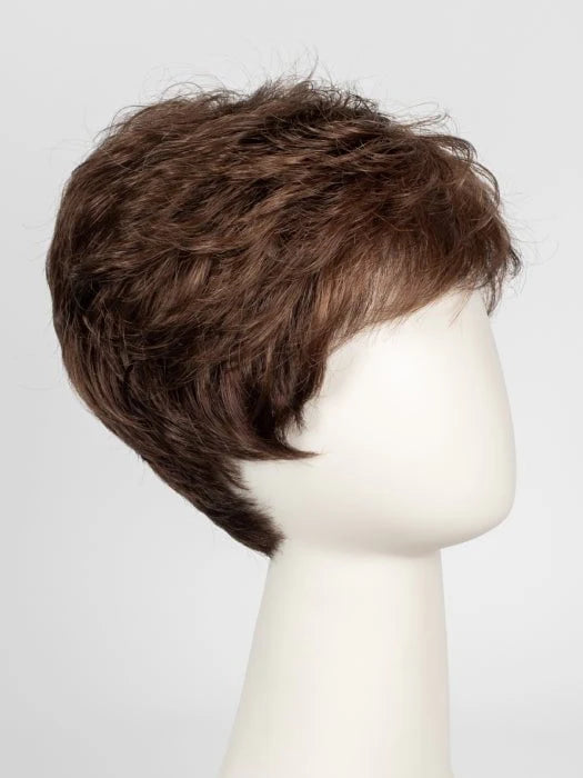 Ellen Wille Tab wig short layered chestnut brown pixie on mannequin head showing side profile