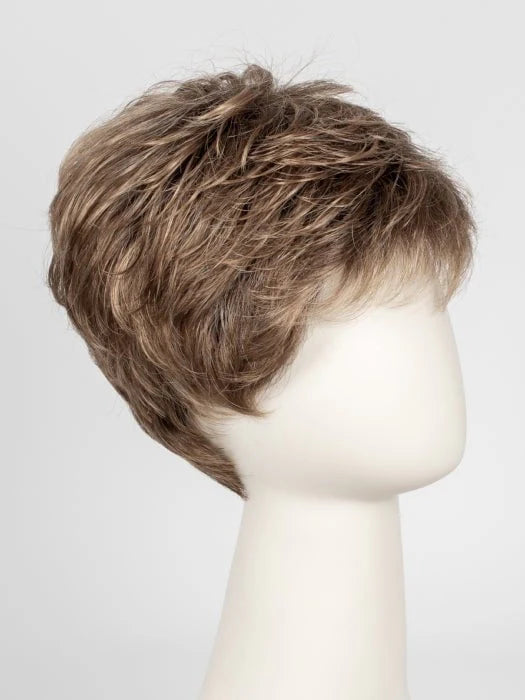 Ellen Wille Tab wig short textured layered light brown pixie on display mannequin side view