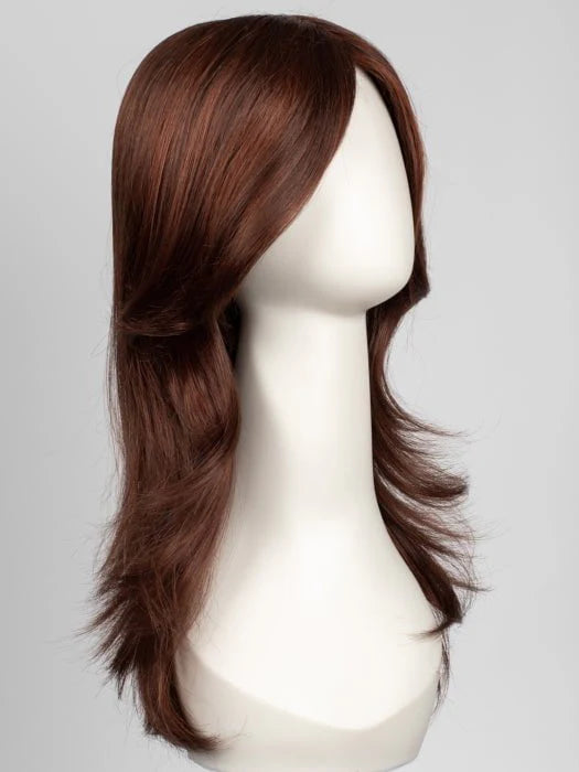 Brandi Amore wig chestnut brown layered mid length with side swept bangs on white mannequin