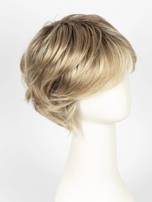 Ellen Wille Raise wig short layered blonde pixie with side bangs on mannequin head natural highlights