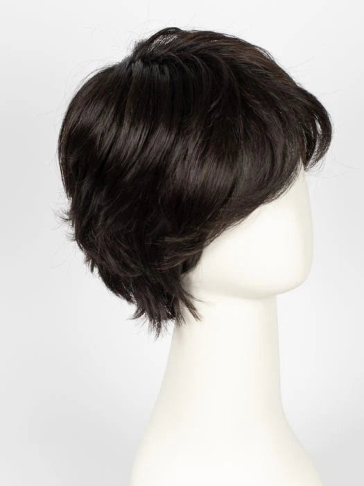 Ellen Wille Raise wig short dark brown layered pixie cut with side swept bangs on mannequin head lightweight