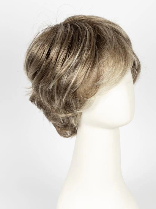 Side view of Ellen Wille Raise wig short layered ash blonde with soft highlights on mannequin