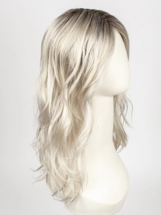 Ellen Wille Arrow lace front wig long wavy platinum blonde with dark roots on mannequin