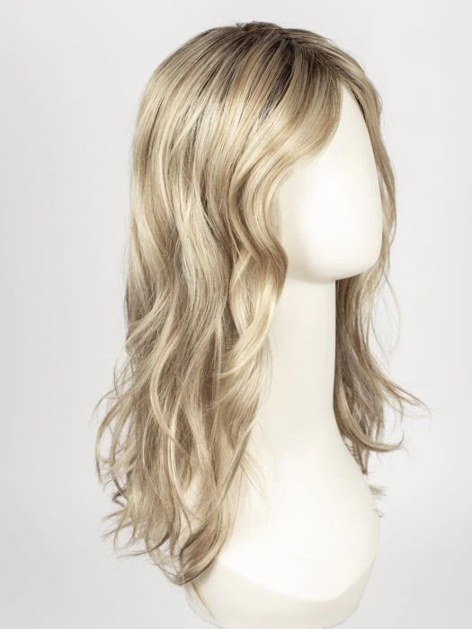 Ellen Wille Arrow lace front wig long wavy blonde with side swept bangs and natural dark roots on mannequin
