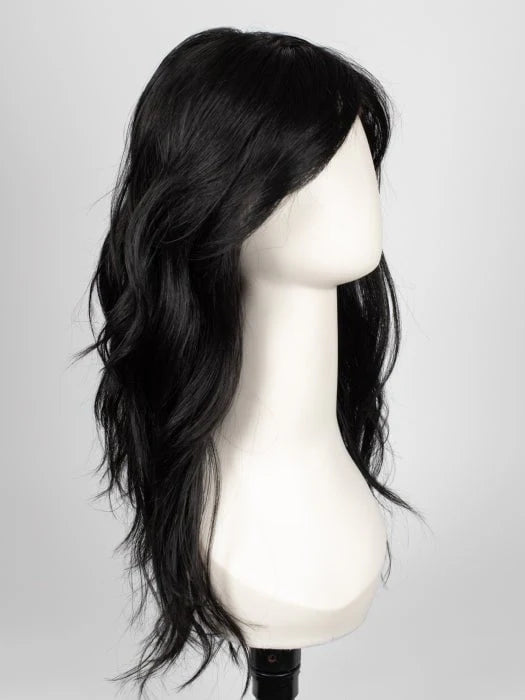 Mannequin wearing long wavy brown wig for women in deep espresso brown with side swept bangs
