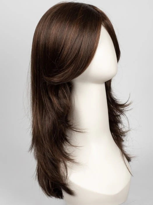 Brandi Amore wig medium layered chestnut brown with side swept bangs and feathered ends on mannequin